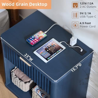 LEYAOYAO Fluted Nightstand with Charging Station, 23" Wide 1 Drawers End Table,Blue Night Stand with Open Storage Cabinet, Farmhouse Bed Side Tables, Wood Dresser for Bedroom, Living Room, Closet