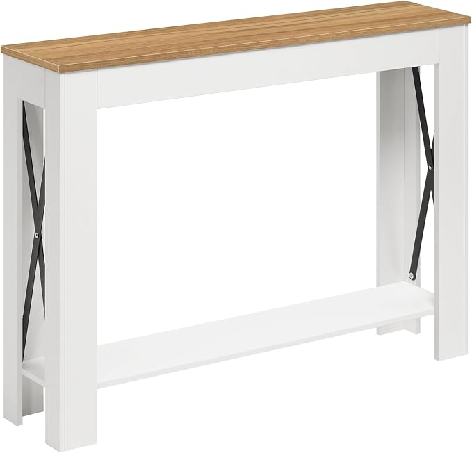 YATINEY Farmhouse Console Table, 39.4'' Small Narrow Entryway Table, Wood Couch Table Behind Sofa with Storage Shelf, Slim Farmhouse Hallway Table for Hallway, Foyer, White & Light Walnut CT34WV