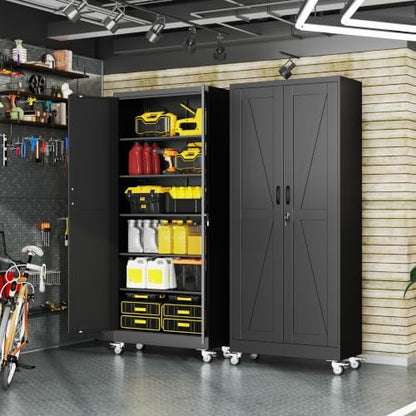 75" Metal Garage Storage Cabinet with Wheels, Locking Doors, 5 Shelves