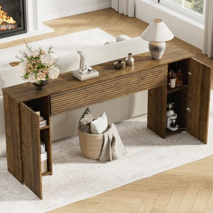 FABATO 70.8” Fluted Long Console Table with 2 Hidden Storage Cabinet, Brown