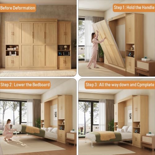 Murphy Bed Queen with 2 Storage Cabinets and USB Port, Natural Wood