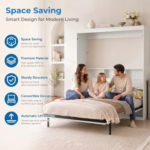 Mjkone Full Size Murphy Bed, Cabinet Beds Full with Motor-Driven Lifting System & Bedside Storage, Hidden Wall Murphy Automatic Lift Up Beds & Legs, Space-Saving Guest Bed for Apartment - White