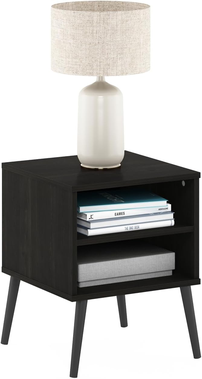 Furinno Claude Mid Century Style Nightstand with Wood Legs, 15.55 (D) x 15.55 (W) x 20.16 (H) inches, Espresso | Square Nightstand with Wooden Legs, Open Shelf Bedside Table, End Table, Side Table, for Bedroom, Closet, Dorm