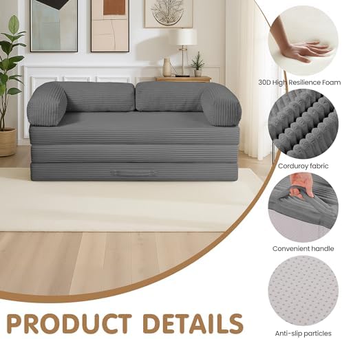 Convertible Sofa Bed Full,5-in-1 Folding Boneless Couch Corduroy Futon Sofa Bed,Tri-Fold Mattress with Removable Armrests & Handle,Sleeper with Pull Out Bed for Small Space Bedroom Grey
