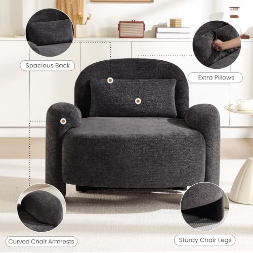 Accent Chairs Set of 2, Modern Chenille Fabric Lounge Reading Sofa with Lumbar Pillow, Upholstered Arm Chairs for Living Room, Bedroom & Office, Dark Grey