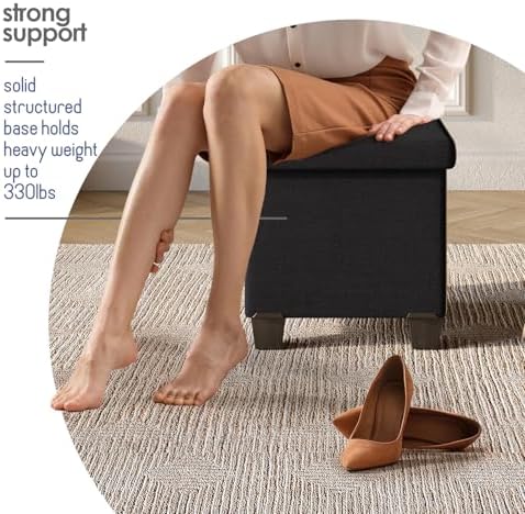 Storage Ottoman Cube with Small Bin, 15-in Square Ottoman with Storage for Living Room and Bedroom, Small Ottomans Foot Rest, Fabric Foot Stools Ottomans Max 330lbs, Black