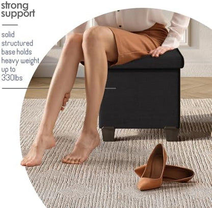 Storage Ottoman Cube with Small Bin, 15-in Square Ottoman with Storage for Living Room and Bedroom, Small Ottomans Foot Rest, Fabric Foot Stools Ottomans Max 330lbs, Black