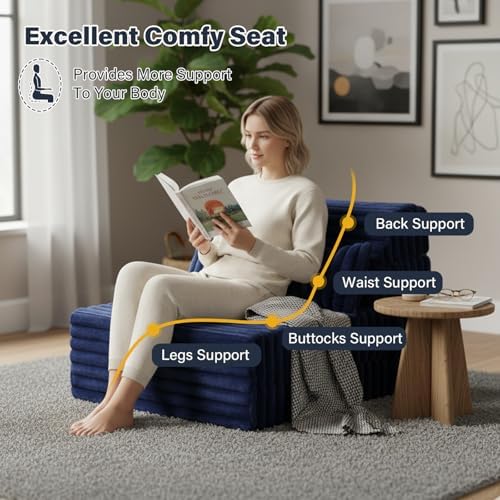 Tiita Folding Sofa Bed Convertible Sleeper Chair Mattress with Pillow & Side Pocket, Thick Corduroy Floor Mattress Couch Bed, Single Size, Navy