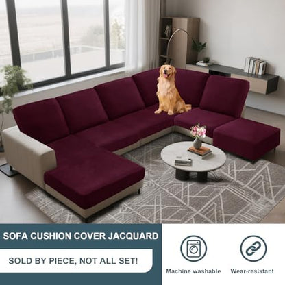 Seat Cushion Cover and Back Covers for Corner Sofa Stretch Jacquard, Non Slip L Shaped Sofa Slipcover with Storage Ottoman, Sectional Couch Cover for Chaise Lounge (Wine red,Ottoman 15 x 15 x 16”)