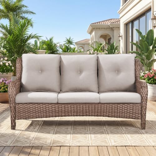 Belord Patio Sofa Luxury PE Wicker 3-Seater Outdoor Couch, Modern All-Weather High Back Deep Seat Woven Furniture Set for Porch, Deck, Balcony, Backyard - Yellow