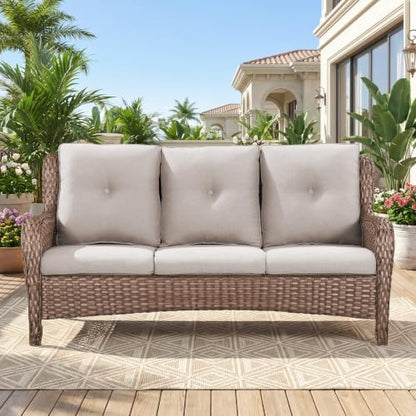 Belord Patio Sofa Luxury PE Wicker 3-Seater Outdoor Couch, Modern All-Weather High Back Deep Seat Woven Furniture Set for Porch, Deck, Balcony, Backyard - Yellow