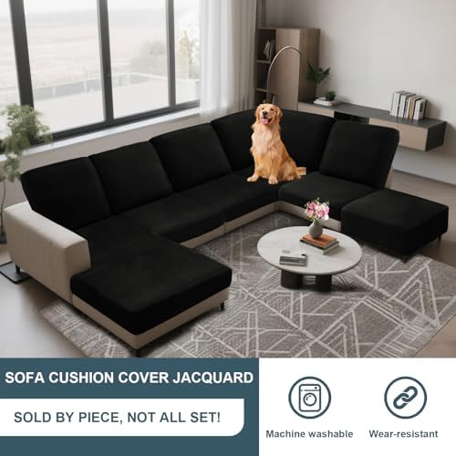 UNBBRRL Seat Cushion Cover and Back Covers for Corner Sofa Stretch Jacquard, Non Slip L Shaped Sofa Slipcover with Storage Ottoman, Sectional Couch Cover for Chaise Lounge (Black,Corner seat Cover)