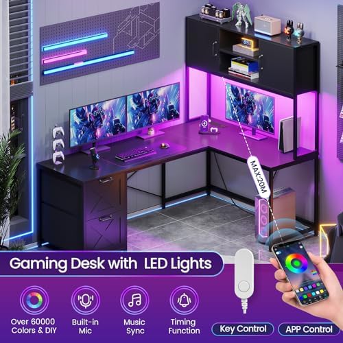 SEDETA Reversible L Shaped Corner Gaming Desk with Drawers, Led Lights