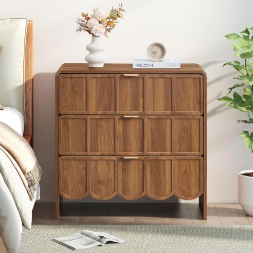 3 Drawer Dresser for Bedroom, Modern Chest of Scalloped Drawer, Walnut