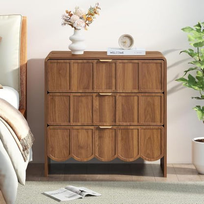 3 Drawer Dresser for Bedroom, Modern Chest of Scalloped Drawer, Walnut