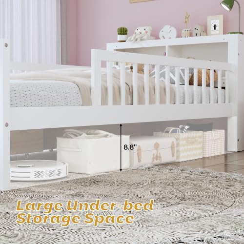 Bellemave Kids Twin Bed Frame with Fences, 2 Drawers & Storage Headboard, Twin Size Platform Bed with 3-Side Guardrails for Kids, Girls & Boys, White