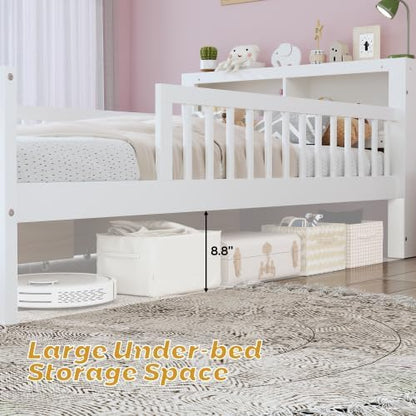 Bellemave Kids Twin Bed Frame with Fences, 2 Drawers & Storage Headboard, Twin Size Platform Bed with 3-Side Guardrails for Kids, Girls & Boys, White