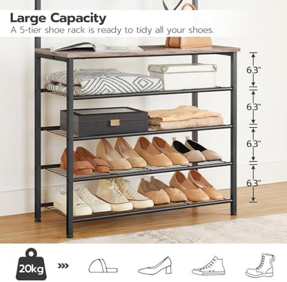 HOOBRO Hall Tree, Coat Rack with Shoe Rack, Hall Tree with Bench, 5 Tier Shoe Storage Organizer with 9 Hooks for Entryway, Closet, Sturdy, Industrial, Greige and Black BG80MT01G2
