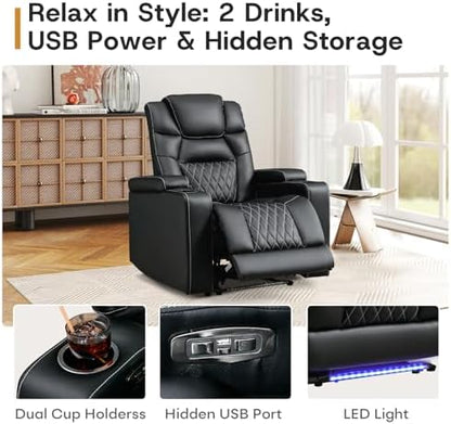 ANJ Power Recliner Chairs Set of 6, Electric PU Leather Home Theater Seating with Adjustable Recline,LED Light, Hidden Arm Storage, USB Port, Cup Holders – Breathable Backrest, FSC Wood Frame,Black