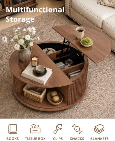 Round Lift Top Coffee Table with Storage for Living Room, Walnut