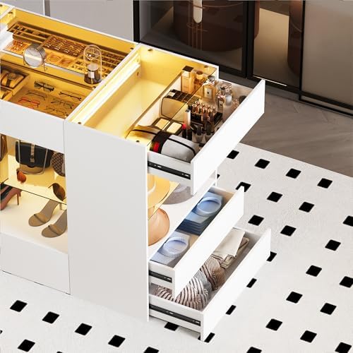 Kikihouse Modern Closet Island with 10 Drawers with LED (White+Amber Glass)