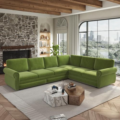 HANXIN 118" L-Shaped Sofa Couch with Pull Out Bed, Oversize Convertible Sectional Sleeper Sofa with Nailhead Trim & Rolled Arm, 6 Seat Chenille Upholstered Couches for Living Room(Grass Green)