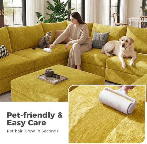 ABCASA 102.6" Modular Sleeper Sofa Bed, U Shaped Sectional Couch with Movable Stroage Ottoman, Large 6 Seat Couches for Living Room - Yellow Chenille