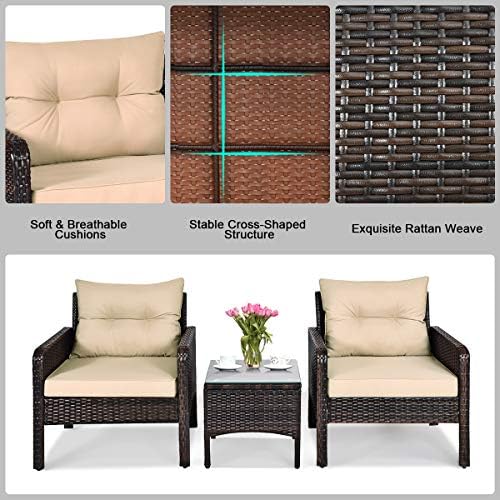 HAPPYGRILL 3 Pieces Patio Furniture Set, Outdoor Rattan Wicker Conversation Set with Coffee Table & Cushions, Patio Sofa Set for Garden Balcony Backyard Poolside