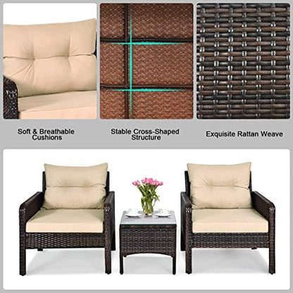 HAPPYGRILL 3 Pieces Patio Furniture Set, Outdoor Rattan Wicker Conversation Set with Coffee Table & Cushions, Patio Sofa Set for Garden Balcony Backyard Poolside