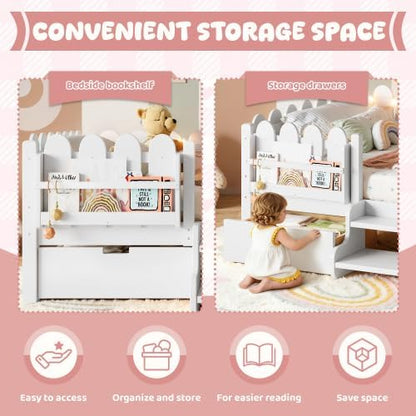 Bellemave Full Size Platform Bed with Storage Drawers & Bookshelf for Boys Girls, Kids Full Bed Frame with LED Lights & Stairs for Children's Room, White