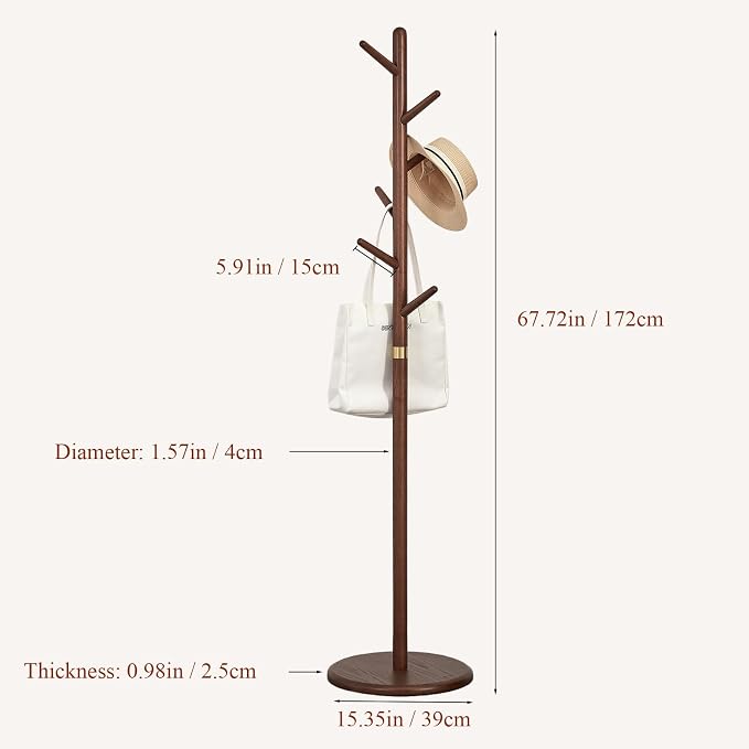 Coat Rack, Solid Wood Coat Rack Freestanding with 6 Hooks, Wooden Coat Tree Freestanding for Hats, Handbags, Coat Stand for Entryway, Bedroom, Hallway - Gift for Her (Walnut)