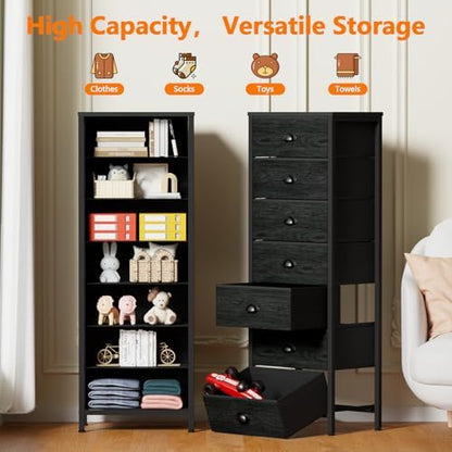 Black Bedroom Dresser, Tall Chests of Drawers with 7 Fabric Bins