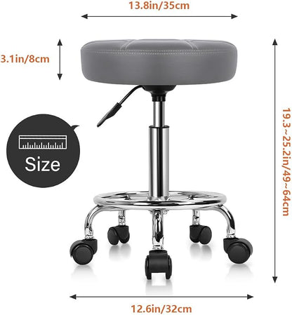 KKTONER Round Rolling Stool Chair PU Leather Height Adjustable Swivel Drafting Work SPA Shop Salon Stools with Wheels Office Chair Small (Gray)