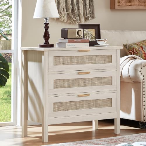 LEYAOYAO 26.8" Wide Rattan Nightstand, Large Boho 3 Drawer Night Stand