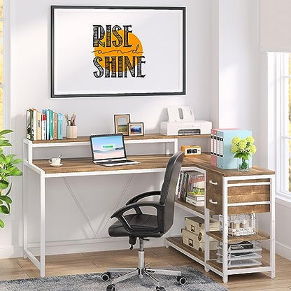 Tribesigns L Shaped Desk with Drawers and Monitor Stand, L Corner Desk with Storage Shelves, Beige Wooden PC Table for Samll Home Office
