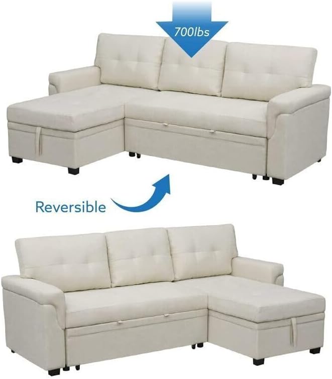 Naomi Home 84" L-Shaped Sectional Sleeper Sofa with Pull Out Bed | Sleeps Guests Comfortably, Stores Essentials in Chaise & Saves Space, Velvet, Cream Convertible Sofa Bed