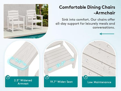 SERWALL 9 Piece 84" HDPE Outdoor Dining Set for 8 with Armchairs and Umbrella Hole, White