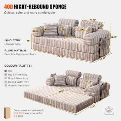 79" Memory Foam Sofa Bed, High Headrest Convertible Futon Boneless Couch