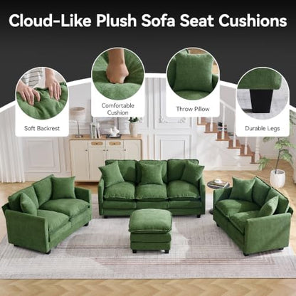72'' Cloud 3 Seater Couch with 2 Ottomans, U Shaped Sofa with 3 Throw Pillows, Modern Sectional Couches with Deep Seat, Modular Sofas for Living Room, Bedroom, Small Apartment, Dark Green