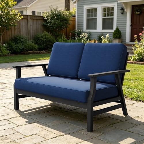Pia Ricoo Outdoor Premium Teak Wood Loveseat with Armrests, All‑Weather Outdoor Furniture for Backyard, Deck, Lawn, Navy/Dark