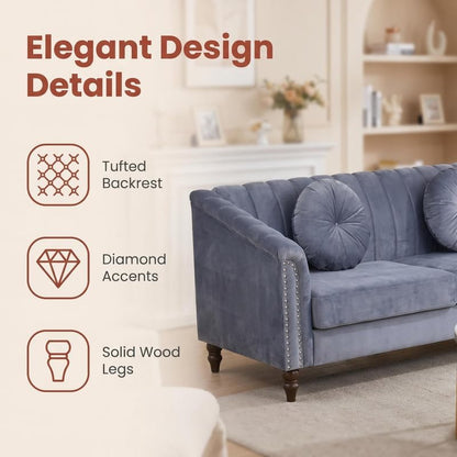 3-Piece Velvet Living Room Set, Modern Tufted Sofa & Loveseat & Armchair, Upholstered Couch with Nailhead Trim & Round Pillows, Comfy Vintage Style Furniture for Apartment (Grey)