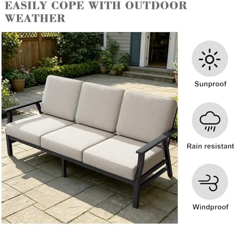 Pia Ricoo Outdoor Premium Teak Wood Couch with Armrests, All‑Weather Outdoor Furniture for Backyard, Deck, Lawn, Light Camel/Dark