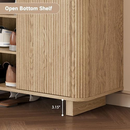 Fluted Entryway Shoe Storage Cabinet with Doors, 5 Tier 39'' Tall Freestanding Modern Shoe Rack Organizer Cabinet with 3 Adjustable Shelves for Hallway, Foyer, Entrance, MDF - Natural