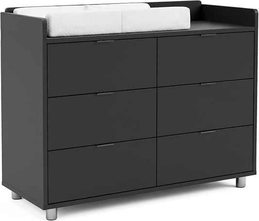 MAMAZING Keeva Pro 6-Drawer Baby Dresser with Changing Table, Easy Assembly | Black Wooden Nursery Dresser, Anti-Tip Design & Adjustable Feet, Dresser for Bedroom, Kids & Toddler Storage, 44" Wide