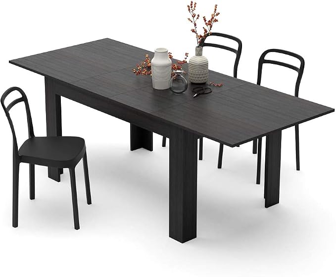 Mobili Fiver, Easy, Extendable Dining Table, 55.1(86.6) x35.4 in, Ashwood Black, for 6-8 People, Expandable Dining Table for Kitchen, Italian Furniture