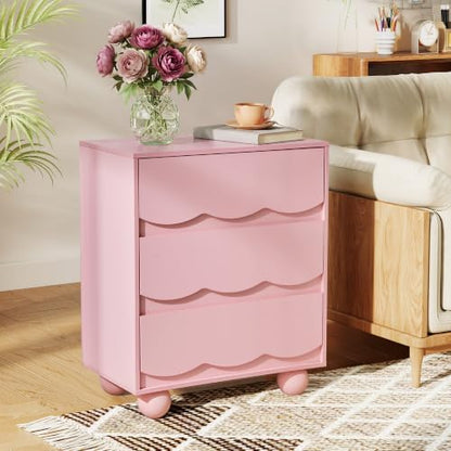 Pink Scalloped 3 Drawer Dresser, Mid Century Modern Nightstand for Bedroom