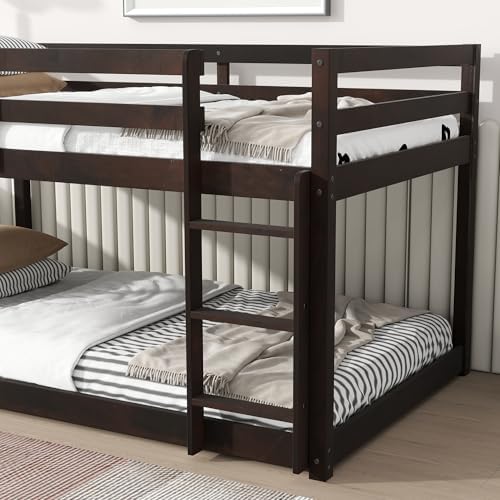 Merax Twin Over Twin Bunk Bed, Solid Rubber Wooden Twin Bunk Bed with Ladder, Espresso