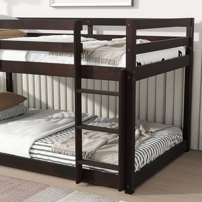 Merax Twin Over Twin Bunk Bed, Solid Rubber Wooden Twin Bunk Bed with Ladder, Espresso