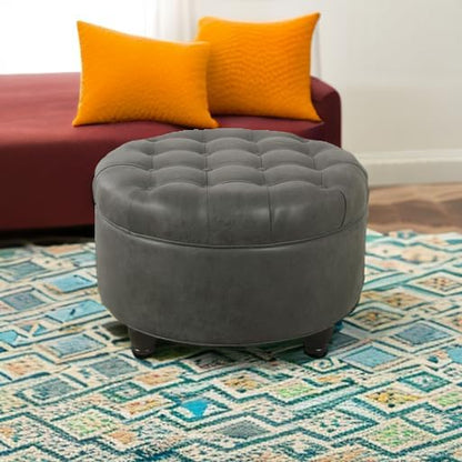 HomePop 25" Button Tufted Round Storage Ottoman - Gray Faux Leather