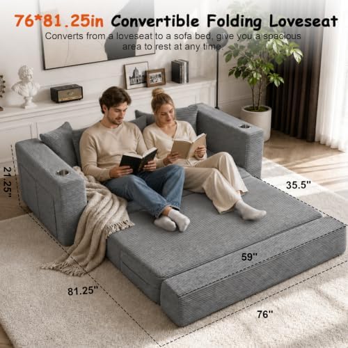 76" Convertible Sofa Bed, Corduroy Boneless Couch with Cup Holders & Pocket